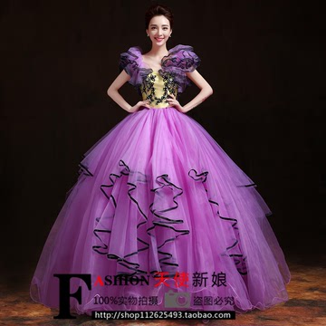 2016新款独唱舞台演出彩纱服装影楼 紫色双肩蓬蓬裙长款晚装礼服