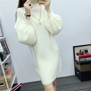 实拍2015时尚韩版最新半高领宽松灯笼袖中长款针织毛衣裙