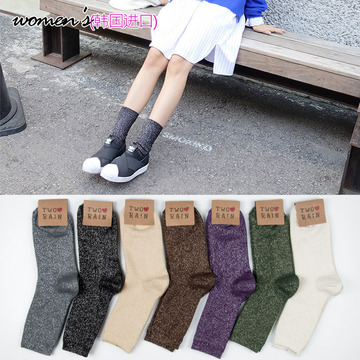 满68包邮韩国进口 潮流行款时尚混纺金丝材质女士袜子中筒闪光袜