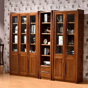胡桃木实木书柜2门3门储物柜宜家现代带门电脑桌烤漆原木置物架