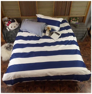 春秋新款蓝白条图案舒适纯棉斜纹2m规格床上用品四件套