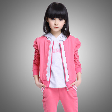 儿童春秋纯棉套装新款 10岁13岁女童春装韩版休闲服运动服三件套