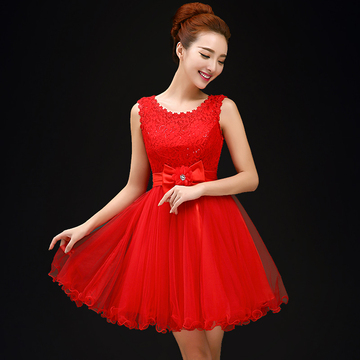 2015新款新娘礼服时尚短款一字肩红色蕾丝公主蓬蓬裙小礼服敬酒服