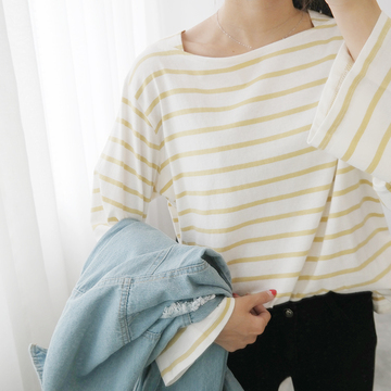 [NANTAIFEI]自制初秋 宽松 设计感 方领条纹 长袖T恤