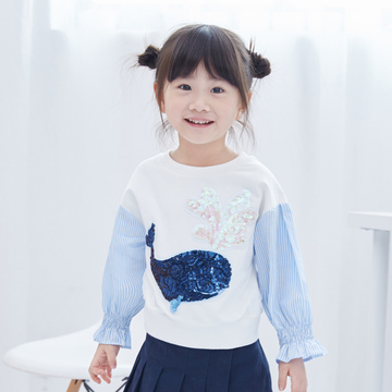 PEPL秋季新款女童套头上衣韩版童装亮片鲸鱼打底衫宝宝条纹袖卫衣