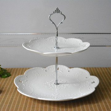 欧式蕾丝浮雕蝴蝶镂空陶瓷双层盘架 蛋糕架点心水果盘两层蛋糕盘