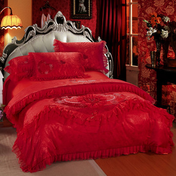 婚庆四件套全棉刺绣大红床单床盖式六件套结婚床上用品绣花多件套