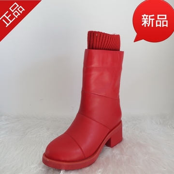 玛莎玛索2014新款真皮毛线拼色长毛绒女靴平底短靴中跟红色女靴子
