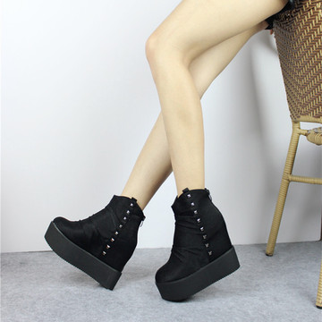 秋季新款时尚潮流女靴布面短筒靴黑色厚底内增高靴单靴超高跟靴