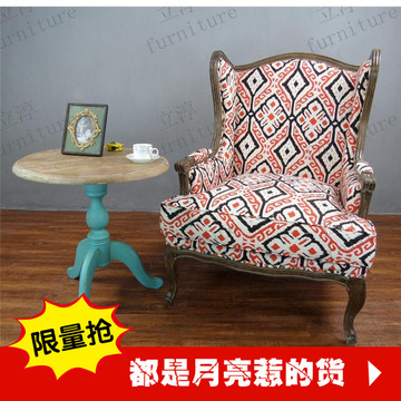厂家直销美式实木单人布艺沙发椅水曲柳棉麻梅花刺绣老虎椅