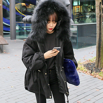 2015冬季女装法式大毛领收腰系带显瘦超保暖夹棉衣外套大衣潮