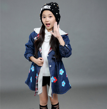 童装冬季女童加绒加厚牛仔外套2015新款中大童棉衣儿童韩版风衣潮