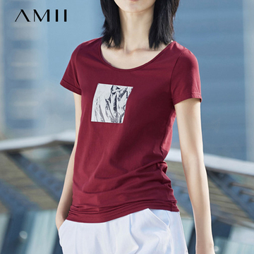 Amii2016新款短袖t恤女修身大码女装印花上衣女体恤半袖夏装圆领
