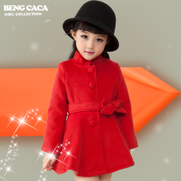 童装女童毛呢外套韩版中长款呢子外套秋冬装2015新款中大童大衣红