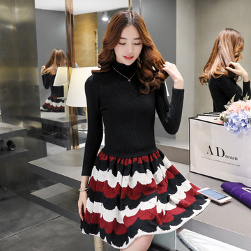 新品针织连衣裙女2016春季通勤韩版两件套印花中长裙针织毛衣套裙