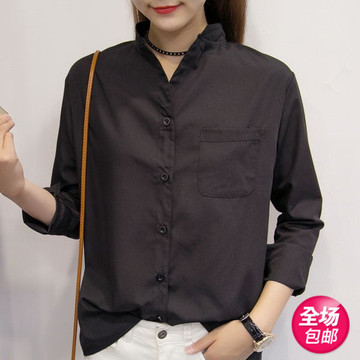 2016秋季新款韩版女装 外套单排多扣涤纶纯色直筒V领印花长袖衬衫