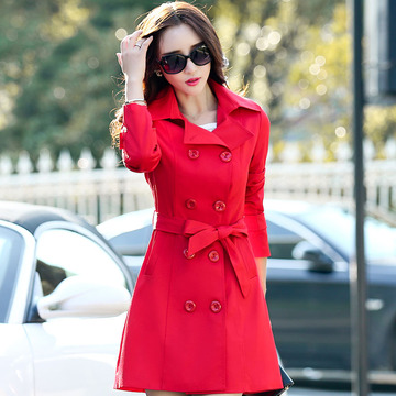 女式风衣2015秋装新款韩版修身显瘦双排扣中长款纯色长袖大码外套
