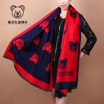 韩版双面羊绒拉毛围巾超长款女士秋冬季小熊空调披肩加厚保暖两用