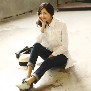 2015韩版纯棉花边拼接纯色长袖中长衬衫女前短后长大摆衬衣