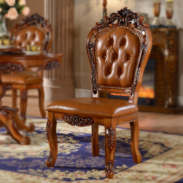 华泰 欧式真皮餐椅 美式酒店家具 实木雕花法式餐桌椅简约现代659