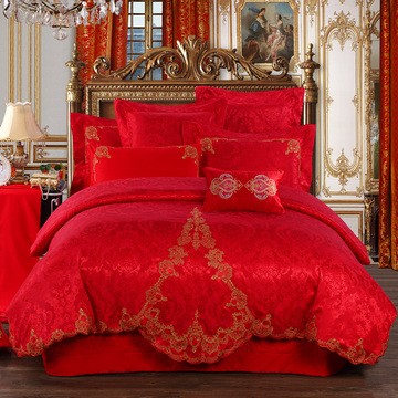 婚庆四件套结婚六件套大红全棉贡缎刺绣八十多件套床上用品