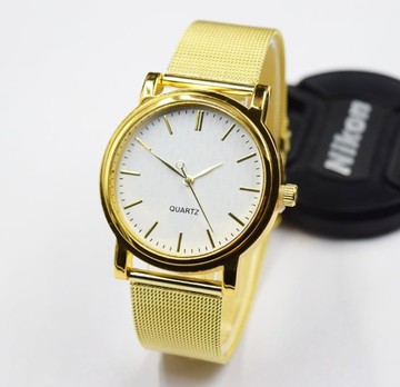 金色网带手表时尚网格刻度石英表帆布女士国内塑料镜面中性20.5mm