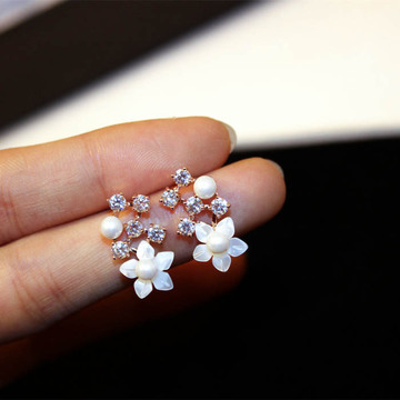 时尚欧美精致超美锆石珍珠简约百搭气质花朵耳钉耳环女