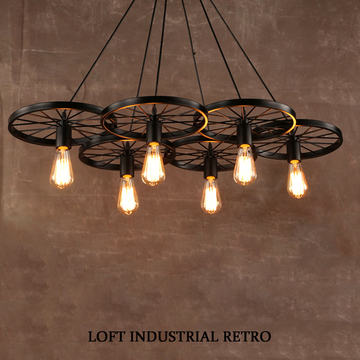 北欧宜家loft服装店复古吊灯工业风餐厅个性创意铁艺车轮网吧吊灯