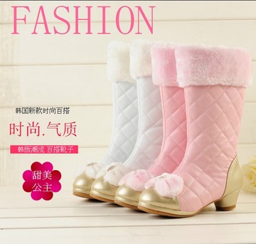 韩版高筒儿童靴子女童雪地靴新款公主单靴2015冬款加绒儿童高跟靴