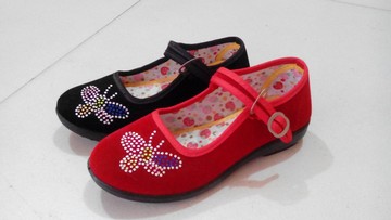 老北京布鞋儿童黑红烫钻花布鞋舞蹈演出女童单鞋表演跳舞鞋礼仪鞋
