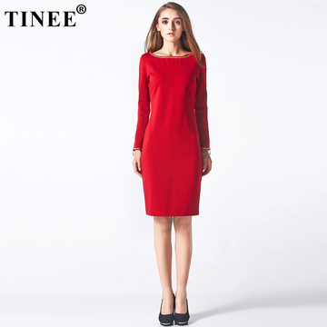 Tinee欧洲站2015秋装欧货拉链装饰红色连衣裙 秋长袖中长款一步裙