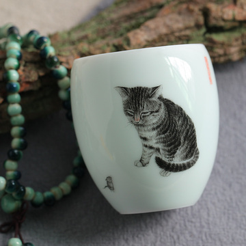 墨彩丝毛手绘 猫咪 全手工薄胎茶杯 单杯个人杯主人杯 景德镇茶具