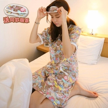 夏季女士韩版纯棉睡裙宽松加大码长款卡通短袖睡衣裙子家居服女装