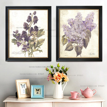 美式复古画 浪漫紫色花卉 客厅乡村田园壁画卧室沙发背景墙有框画