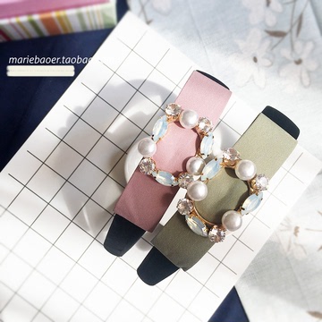 韩国进口 精美蛋白钻珍珠镶嵌淑女粉色绿色蝴蝶结宽发箍发卡