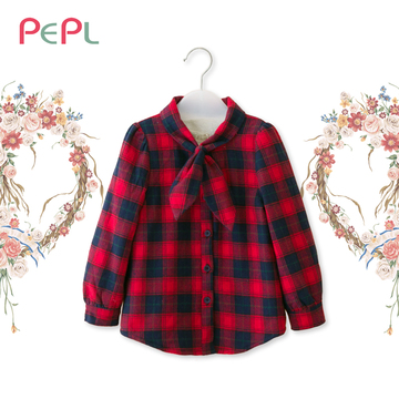 PEPL 2015冬季女童宝宝韩版纯棉休闲上衣儿童加绒加厚格子衬衫