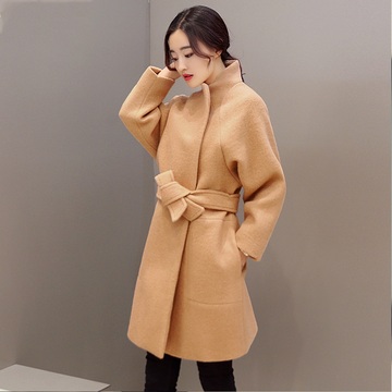 2015冬装新款韩版中长款加厚宽松呢子大衣修身系带立领毛呢外套女