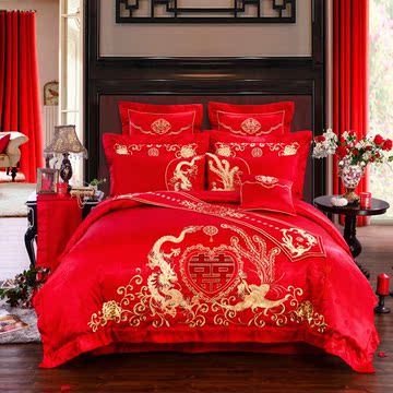 龙凤婚庆四件套结婚六件套大红纯棉刺绣八十多件套床上用品 包邮