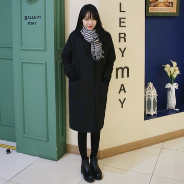 2015秋冬新款韩版长款羊绒毛呢大衣黑色宽松版显瘦西装衣女930
