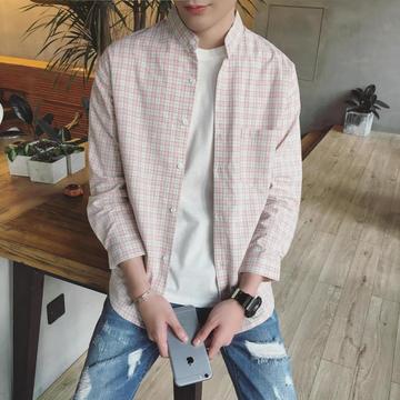 韩版修身休闲青少年港仔男士长袖粉色方格子衬衣衬衫潮文艺男装