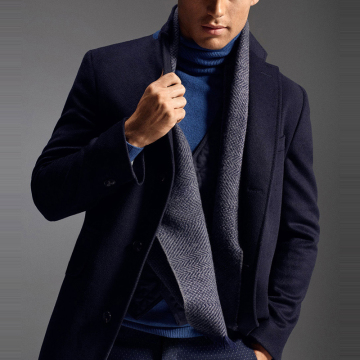 蓝色哔叽羊绒大衣秋冬男装 中长款修身型潮羊毛呢外套男 拼色立领