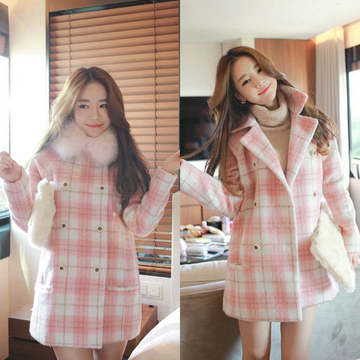 2014韩版秋冬新品甜美格纹双排扣毛呢外套撞色修身中长款呢子大衣