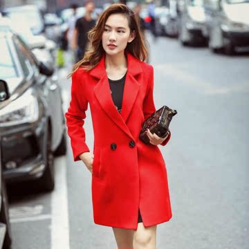 小虫银子2015秋冬新款女装韩版中长款加厚毛呢外套女羊绒呢子大衣