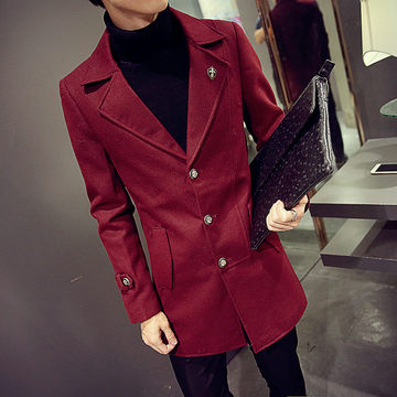 2015秋冬新款韩版修身呢子风衣男士中长款毛呢大衣潮男酒红色外套