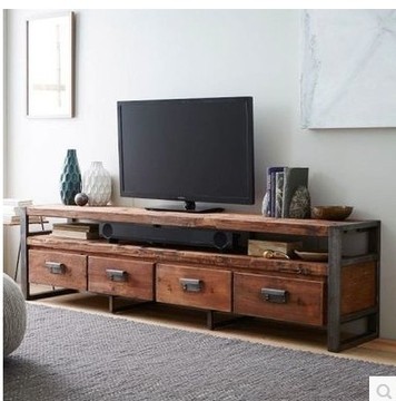 美式乡村 复古实木电视柜 做旧铁艺电视桌 粗犷电视柜 斗柜包邮