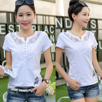2015新款夏装韩版女装短袖T恤女修身弹力甜美白色大码体恤