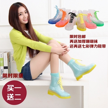 韩版透明马丁雨鞋女 系带短筒防滑中跟雨靴 中筒时尚百搭防滑雨鞋