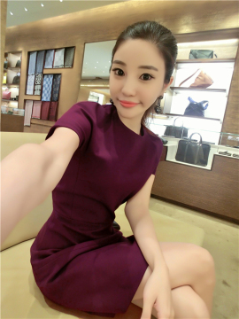 小潘潘 2015夏装新款独家定制欧美修身气质显瘦葡萄紫连衣裙L5216