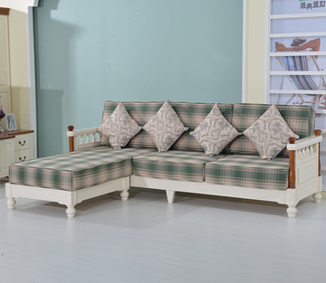 地中海布艺沙发组合美式乡村家具客厅实木沙发田园2.85米贵妃沙发