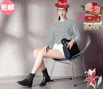 2016新款短靴女马丁尖头低平跟松紧金属纯短筒韩版潮流女式单靴子